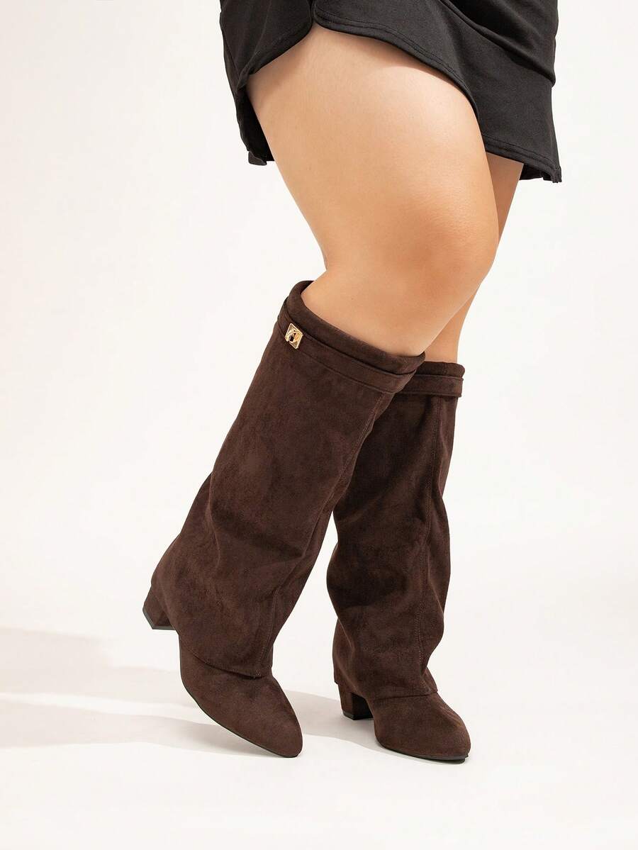 女士时尚宽楦仿麂皮高筒靴，可折叠靴筒，粗跟，棕色靴子，性感户外过膝长靴，宽楦高跟鞋，宽楦设计