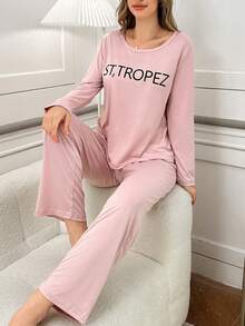 Pink Letter Graphic Long Sleeve Top & Pants Pajama Set For Women, Fall & Winter Clothes
