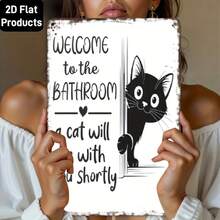 2D flache vintage schwarz-weiße Katzen Wandkunst - "Willkommen im Badezimmer" Lustiges Metallschild - Retro Katzen Design Badezimmer Dekoration - aus Metall gefertigte Metallplakette 32,5 cm