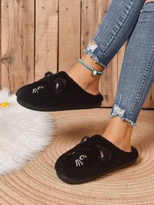 Autumn/Winter Anti-Slip Fluffy Cat Cartoon Slippers, Warm Thick Sole Indoor Home Slippers, Black,Furry Shoes - Black - View 5