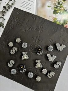 18pcs Detachable DIY Decoration Set, Including Sequin Silver Bears, Silver Butterflies, Dollar Bills, Flowers, Rose Shoe Charms, Suitable For Perforated Shoes, Garden Shoes, Sandals, Clogs, Slippers, All Seasons, Great Holiday Gift