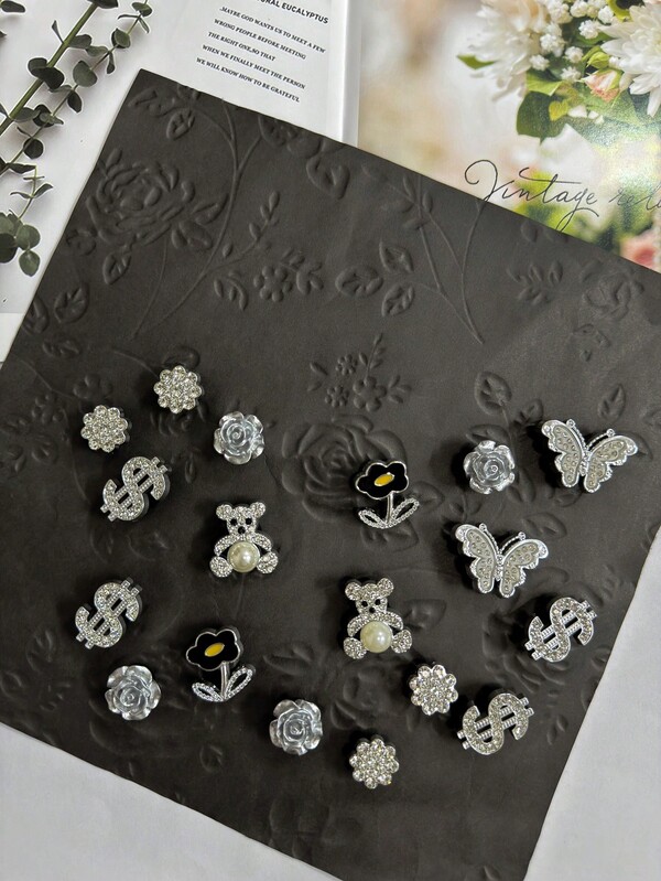 18pcs Detachable DIY Decoration Set, Including Sequin Silver Bears, Silver Butterflies, Dollar Bills, Flowers, Rose Shoe Charms, Suitable For Perforated Shoes, Garden Shoes, Sandals, Clogs, Slippers, All Seasons, Great Holiday Gift