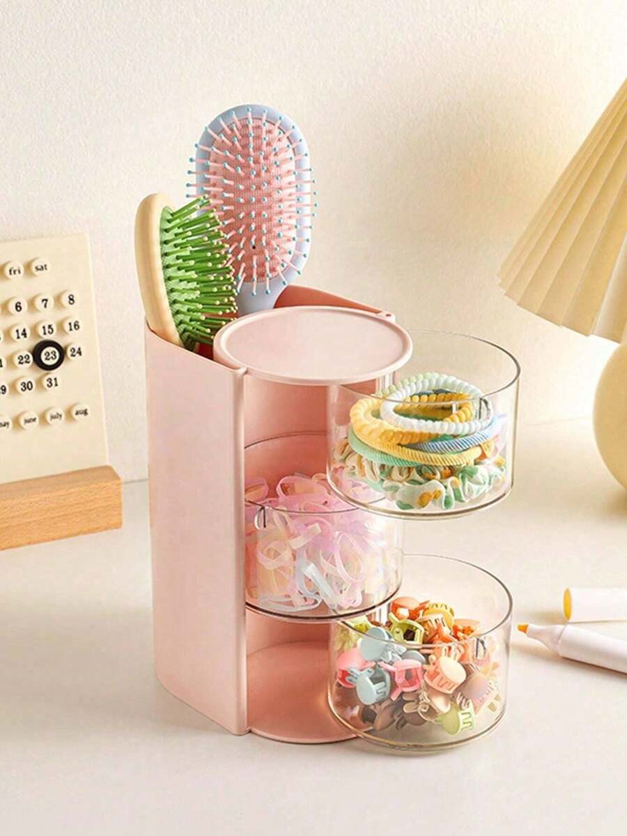 Caja de almacenamiento giratoria de varios niveles, estantería de almacenamiento para mesa, tocador, soporte para lápiz de cejas, soporte para bolígrafos, compacto de polvo, caja de cajones, pasador de pelo, caja de almacenamiento para diademas, caja de exhibición a prueba de polvo, peine, gafas, cepillo, lápiz, caja de pelo de plástico simple y práctica. - Multicolor - Ver 1