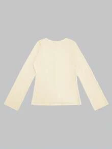 复古时尚金属纽扣前开纯色长袖圆领薄开衫，修身优雅简约休闲针织毛衣，适合女士，春秋冬 - 米色 - 查看 4