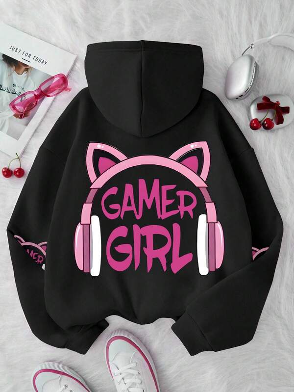 Tween Girls Cute Cartoon Print Hoodie, Autumn/Winter,Comfortable Fashion Long Sleeve Pullover, Graduation,Back To School Outfits