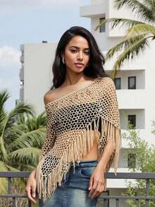 Sequin Crochet Cover Up For Women Hollowed Tassel Off Shoulder Knitted Poncho  Coverup Tops - Màu Khaki - Xem 4