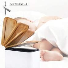 Small Trash Can With Bamboo Lid Soft Close 5L Pedal Bin Rectangular Garbage Can With Inner Bucket For Bathroom Bedroom Powder Room Craft Room Office Black