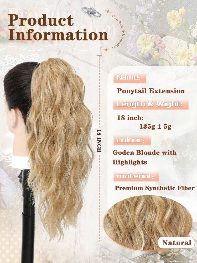18" Ponytail Extension Multi Layered Pony Tails Hair Extensions Claw Clip In Ponytail Fluffy Thick Water Wave Hair Fake Pony Tails Wig Soft Natural Looking Hairpiece For Women (Goden Blonde With Highlights) Hair Extensions