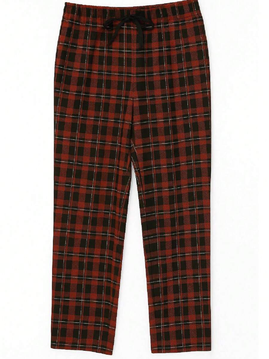 Plaid Flannel Mixed Pants - 酒紅色 - 查看 1