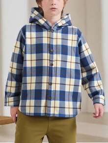 CHAMARRA DE  CUADROS NIÑO , CON GORRO , MANGA LARGA CON PUÑO , TELA GRUESA Y SUAVE  BOTONES AL FRENTE - Azul y blanco - Ver 6