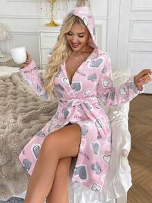 Nuevo Albornoz de mujer con capucha y estampado de corazón para otoño/invierno - Rosa - Ver 5