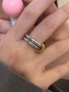 独特设计的不锈钢双层双色戒指，适合女士防水金色时尚饰品 - 金銀色 - 查看 8