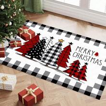 1 pièce Tapis de cuisine, de porte, de salle de bain, de chambre à coucher, de salle à manger, décoration de maison, décoration de fête, décoration de Noël, en matériau imitation cachemire doux avec motif d'arbre de Noël sur fond à carreaux noirs et gris, avec support en TPR, pour la décoration de Noël