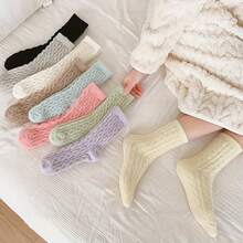 1/3/5 PairsWomen's Plush Cable- Short Socks - Ultra-Soft Thick Thermal Winter Socks For Home, Lounge & Sleepwear, Cozy Pastel Colors , Hand Wash Only, Indoor Warmth Comfort, Simple Solid Pattern, Soft Texture - Multicolor - View 6