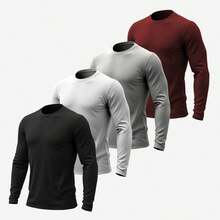 Kit 4 Men's Long Sleeve Cotton Round Neck T-Shirt - 白色 黑色 灰色 酒紅色 - 查看 1
