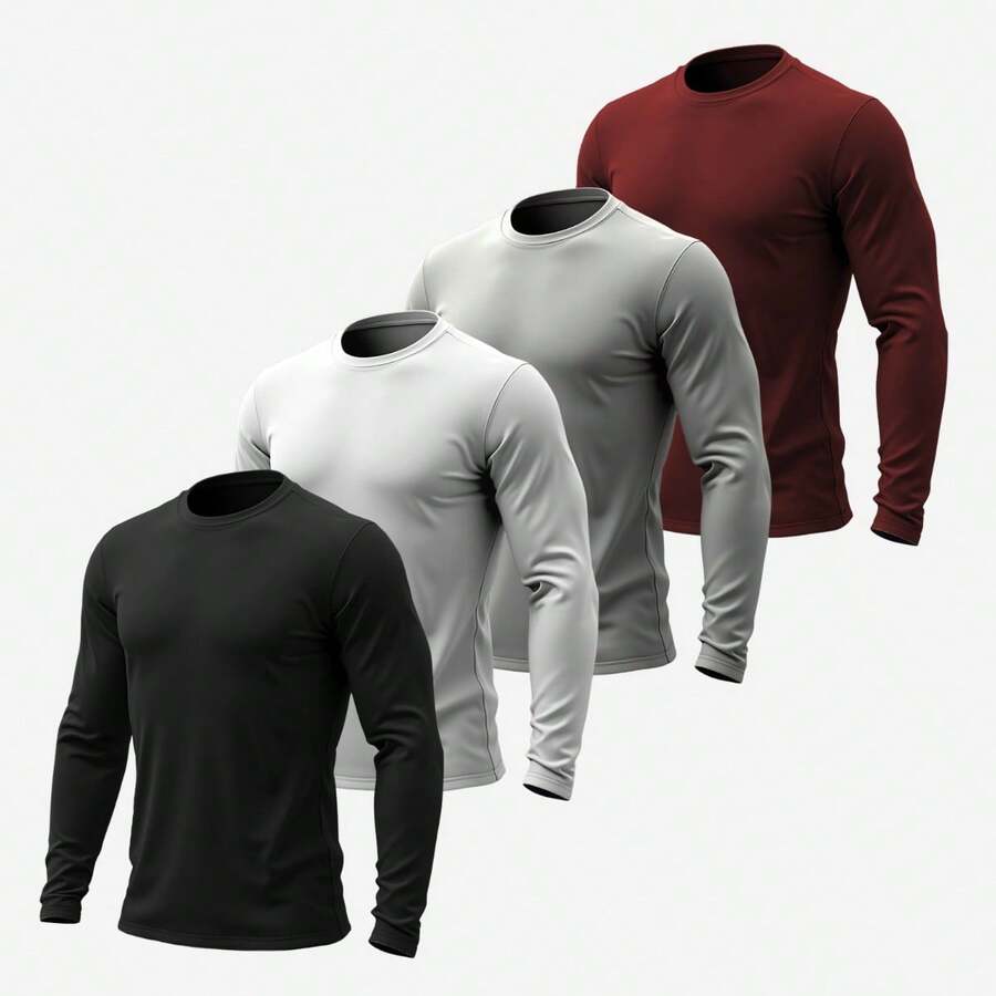 Kit 4 Men's Long Sleeve Cotton Round Neck T-Shirt - 白色 黑色 灰色 酒紅色 - 查看 1