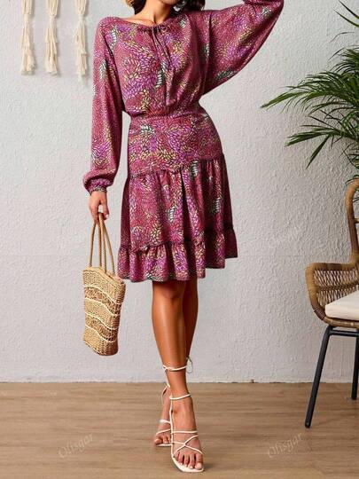 Vestido estampado floral manga larga casual estilo bohemio ideal para salidas casuales fin de semana tela ligera fluida diseño vibrante femenino