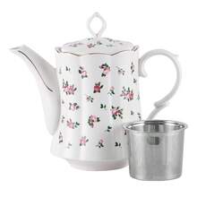 MBB 1 Juego de tetera de cerámica grande con infusor de acero inoxidable, tetera de estilo europeo hecha a mano de cerámica, juego de té vintage para regalo, tetera de 1000 ml (33.5 oz) - Tetera de cerámica premium con infusor para té floreciente y suelto - Tetera de cerámica con decoración de rosas, tetera blanca con decoración de rosas, tetera de 33.5 onzas con tapa, tetera clásica para servir té y café, hecha de nueva porcelana de hueso, apta para lavavajillas, tetera con hojas