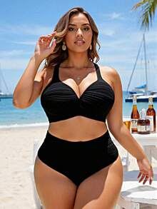 Swim Lushoire Plus Size Solid Ruched Bikini Set Top & Short Summer Beach - Black - View 1