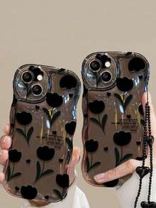 1 pieza Funda de teléfono con patrón de flor de tulipán y cordón compatible con iPhone 15/15Pro/15Plus/15Promax - Negro - Ver 2