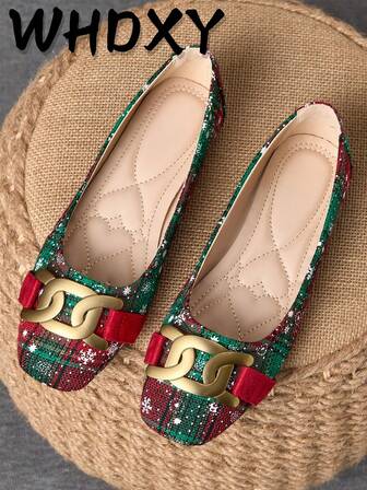 WHDXY 1 双女士方头平底鞋，高品质圣诞雪花图案设计，优雅的金属装饰，平跟，织物材质，防滑鞋底，轻便舒适，圣诞旅行鞋