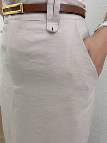 Midi Skirt With High Waist Slit Belt - 米色 - 查看 6