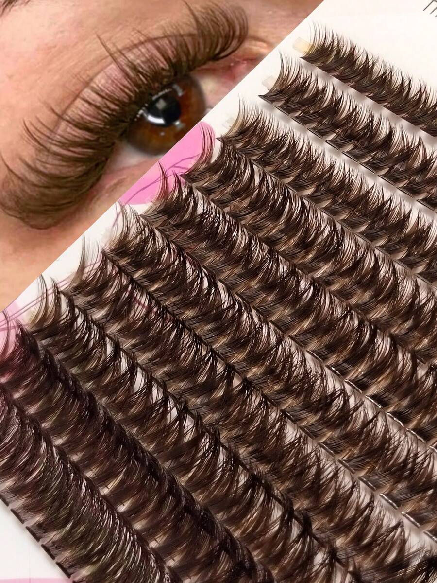 Rikuaild 200pcs Brown Cluster False Eyelashes, 80D Fluffy Natural Brown Soft Lashes, Suitable For DIY At Home, Can Be Used For Halloween, Parties And Dates, D Curl, Rich Color, Thick Smoky Makeup, Faux Mink Eyelashes, Individual Lash Extension - D - Xem 1
