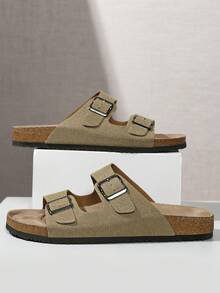 Men's Fashion Cork Sole Comfortable Sandals, Slip-On Mule Slippers, Summer Outdoor Beach Walking Flip Flops, Unisex Couples Shoes - Khaki - View 4