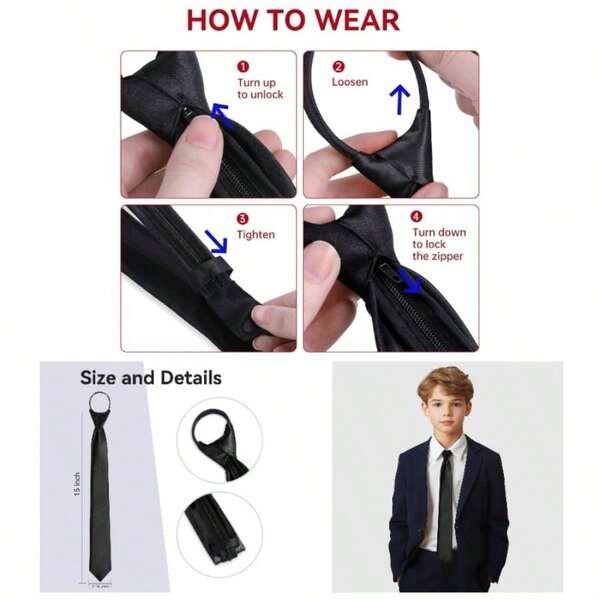 Boys Zipper Tie Ages 8 - 12, Necktie Weddings, School Graduations, Uniforms, And Events