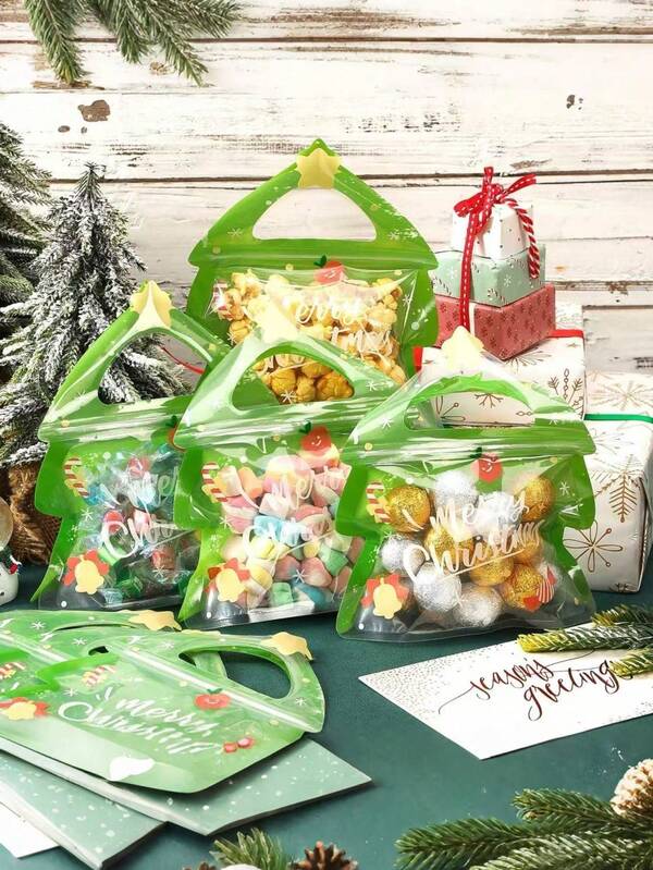 2/5/10pcs Resealable Christmas Gift Bags, Christmas Tree Shaped Packaging Bag, Small Christmas Gift Bags Bulk Holiday Gift Bags, Birthday Party Gift Bag, Craft Tote Bag, Christmas Snack Bags, Goodie Bag For Candy Cookie Goody Chocolate Christmas Wrapping Bags, Suitable For Decorating Christmas Parties With Candy, Small Gifts, Packaging Supplies, Merry Christmas