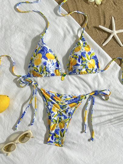 Due pezzi Bikini con stampa limone, con design a nodo e dettaglio pendente a limone, perfetto per vacanze al mare, feste in piscina e uscite estive. Costumi da bagno da donna, costume da bagno, essenziali per le vacanze, accessori indispensabili per il nuoto e abbigliamento per vacanze al mare.