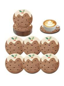 2/6/12 piezas Posavasos de madera con diseño de pudín navideño, copos de nieve y renos - Decoración de mesa festiva perfecta para el hogar, la oficina, la cafetería o la sala de té, decoración de mesa navideña | Decoración de mesa festiva | Posavasos de madera, decoraciones navideñas, posavasos navideños, juego de posavasos, juego de posavasos de pudín navideño, soporte de jarrón de mesa, posavasos para bebidas, posavasos para tazas, posavasos debajo de las tazas