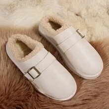 1 Paar hellfarbige Kunstvelours Stiefel mit Metallschnalle, flauschiger Borte und dicker Sohle für Damen, warm und modisch für Herbst/Winter Alltagsmode