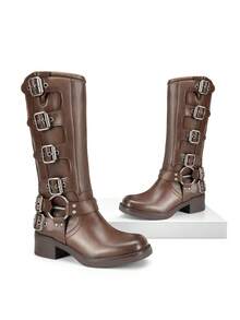 Women's Knee High Buckle Boots Motorcycle Biker Boots Square Toe Chunky Mid Heel Fashion Buckles Riding Boots - 褐色 - 查看 8