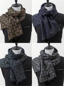 1 件男士新款时尚商务休闲几何条纹流苏围巾，温暖百搭，适合秋冬外套 - 彩色 - 查看 11