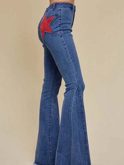Women's Solid Color Jean Slim Slim Trousers High Waist Five-Pointed Star Patch Button Jean Flared Trousers