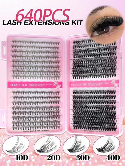 640 pestañas postizas individuales, set de gran capacidad de extensión de longitud, pestañas mezcladas multifuncionales en 8 densidades: 10D+20D+30D+40D / 30D+40D+50D+60D / 50D+60D+80D+100D para hacer grupos de pestañas DIY. Pestañas postizas en forma de D de 10-16mm. Adecuadas para cualquier look de maquillaje, ideales para aplicación en casa, festivales de música y salidas diarias. Un kit de pestañas portátil y conveniente.