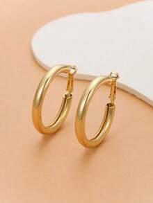 1pair Ladies' Gold-Color Circle Tube C Shape Hoop Earrings - Vàng - Xem 3
