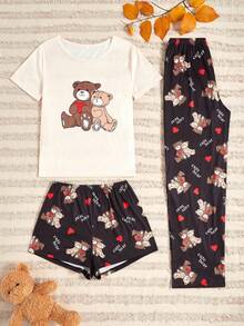 3 Stücke Pyjama-Set mit Cartoon-Muster für Damen, Nachtwäsche