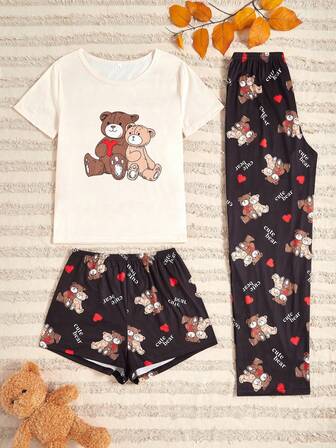 3pcs Cartoon Print Pajama Set For Women, Sleepwear