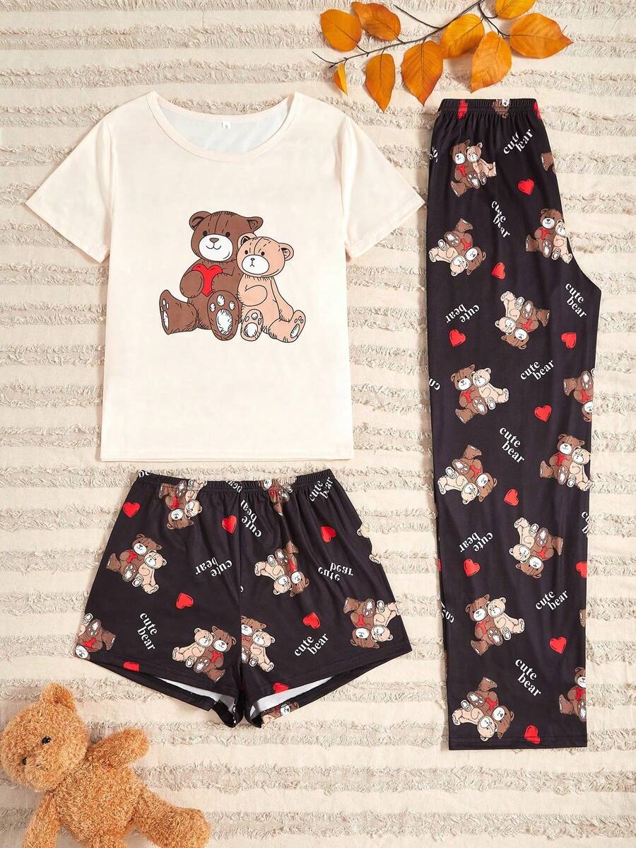 3 Stücke Pyjama-Set mit Cartoon-Muster für Damen, Nachtwäsche