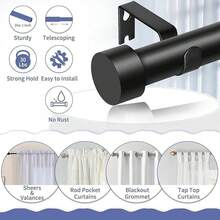VASA NAMA Barras de Cortina para Ventanas de 36 a 88 Pulgadas, Barra de Cortina Negra Mate con Tapas Decorativas, Juego de Barras de Cortina con Soportes, Estirable y Facil de instalar (36-88") - 36-88" - Ver 5