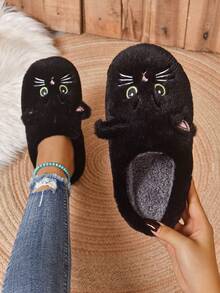 Autumn/Winter Anti-Slip Fluffy Cat Cartoon Slippers, Warm Thick Sole Indoor Home Slippers, Black,Furry Shoes - Black - View 7