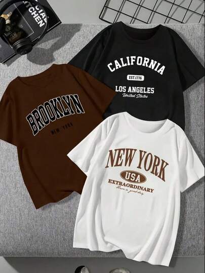 Kit 3 Camisetas Feminina Preto Branco e Marrom - NY - Brooklyn e California. Ideal para Mulher Moderna Estilo Casual