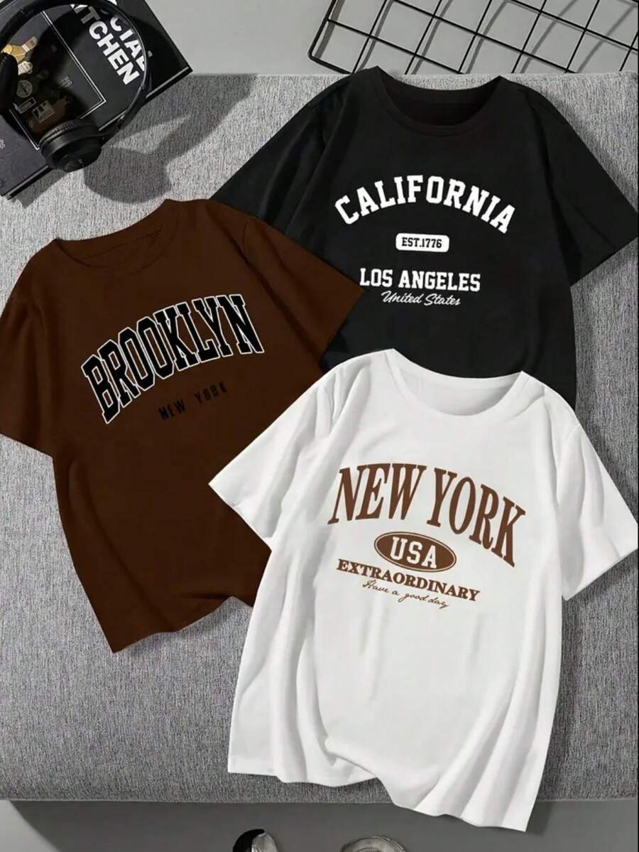 Women's 3-Piece Black, White, And Brown T-Shirt Kit - NY - Brooklyn And California. Ideal For The Modern, Casual Woman - màu đen - Xem 1
