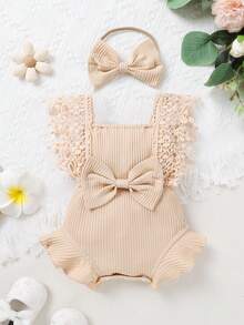 2pcs Set Casual Elegant Sweet Cute Baby Girl Romper, Soft Breathable, Solid Color Hollow Lace Tassel Trim Dress Bodysuit And Headband Set