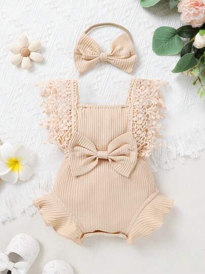 2pcs Set Casual Elegant Sweet Cute Baby Girl Romper, Soft Breathable, Solid Color Hollow Lace Tassel Trim Dress Bodysuit And Headband Set