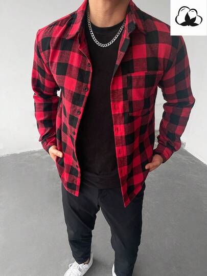 WAIT HIM Men's Casual Patchwork Plaid Long Sleeve Shirt, Christmas Gift