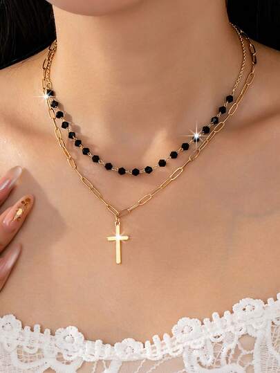 1 pezzo Collana con ciondolo a croce nera con perline, collana casual e sexy per donna