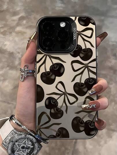 1pc Imd Material Transparent Black With Camera And Cute Cartoon Cherry Bow Pattern Phone Case Compatible With Iphone 13, 14 Pro Max, 11